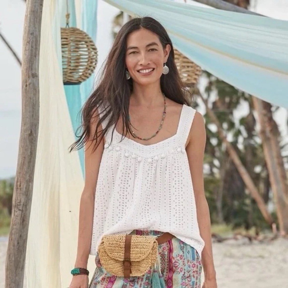 Sundance Sugar Sand Tank Top White Eyelet Pom Pom Boho MP Boho Summer Beach
